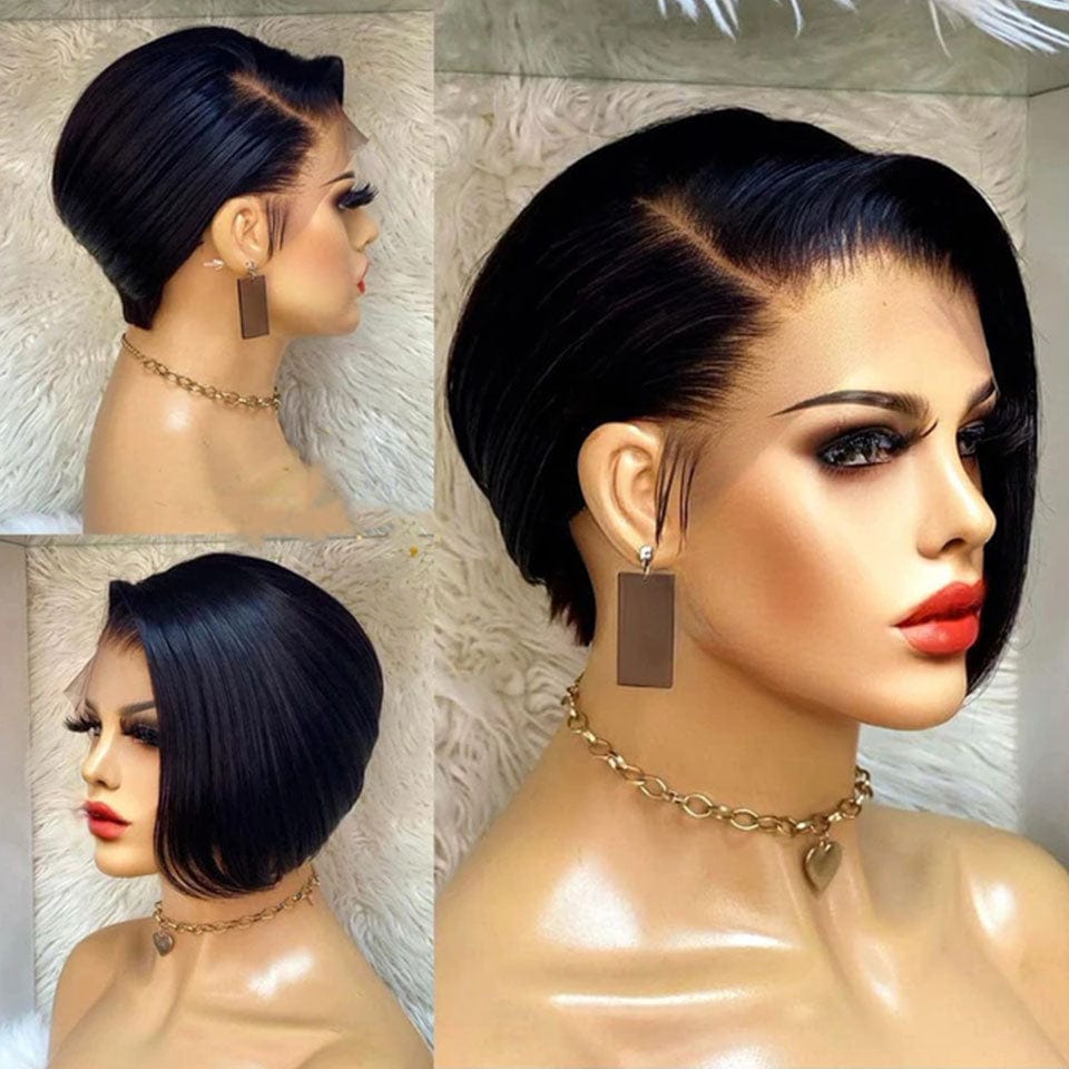 AILUXY Perruque Noir BOB en dentelle avec raie latérale unique