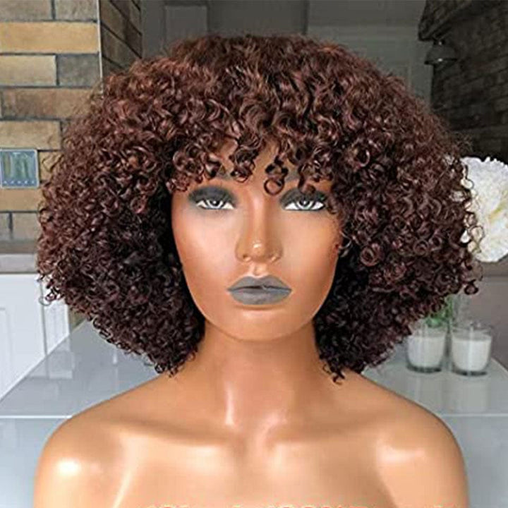 AILUXY Kinky Bouclé Brun Clair #4 Bob Perruque Avec Frange