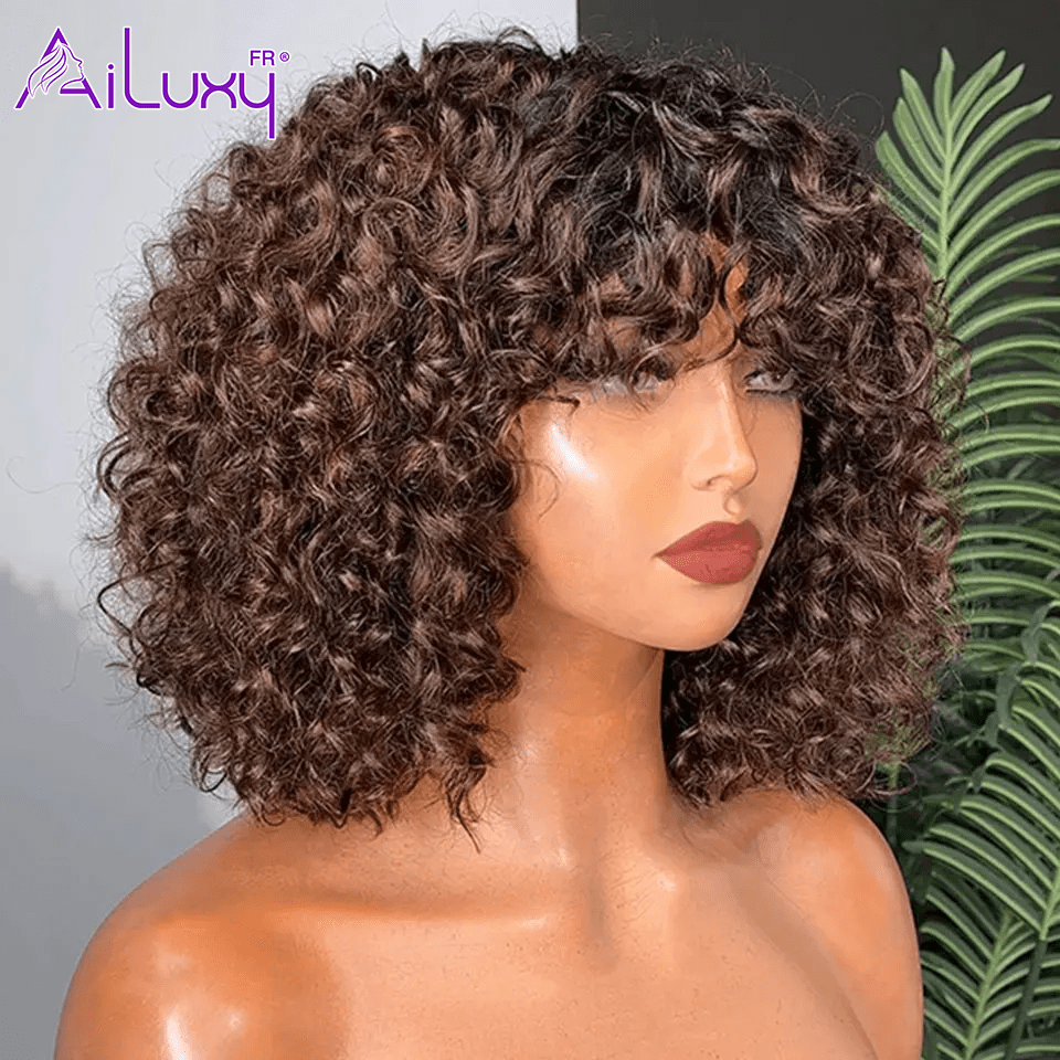 AILUXYhair Curly 1b4 Courte Perruque 100% Cheveux Humains 200% densité 100% cheveux humains