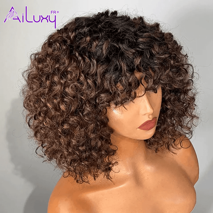 AILUXYhair Curly 1b4 Courte Perruque 100% Cheveux Humains 200% densité 100% cheveux humains