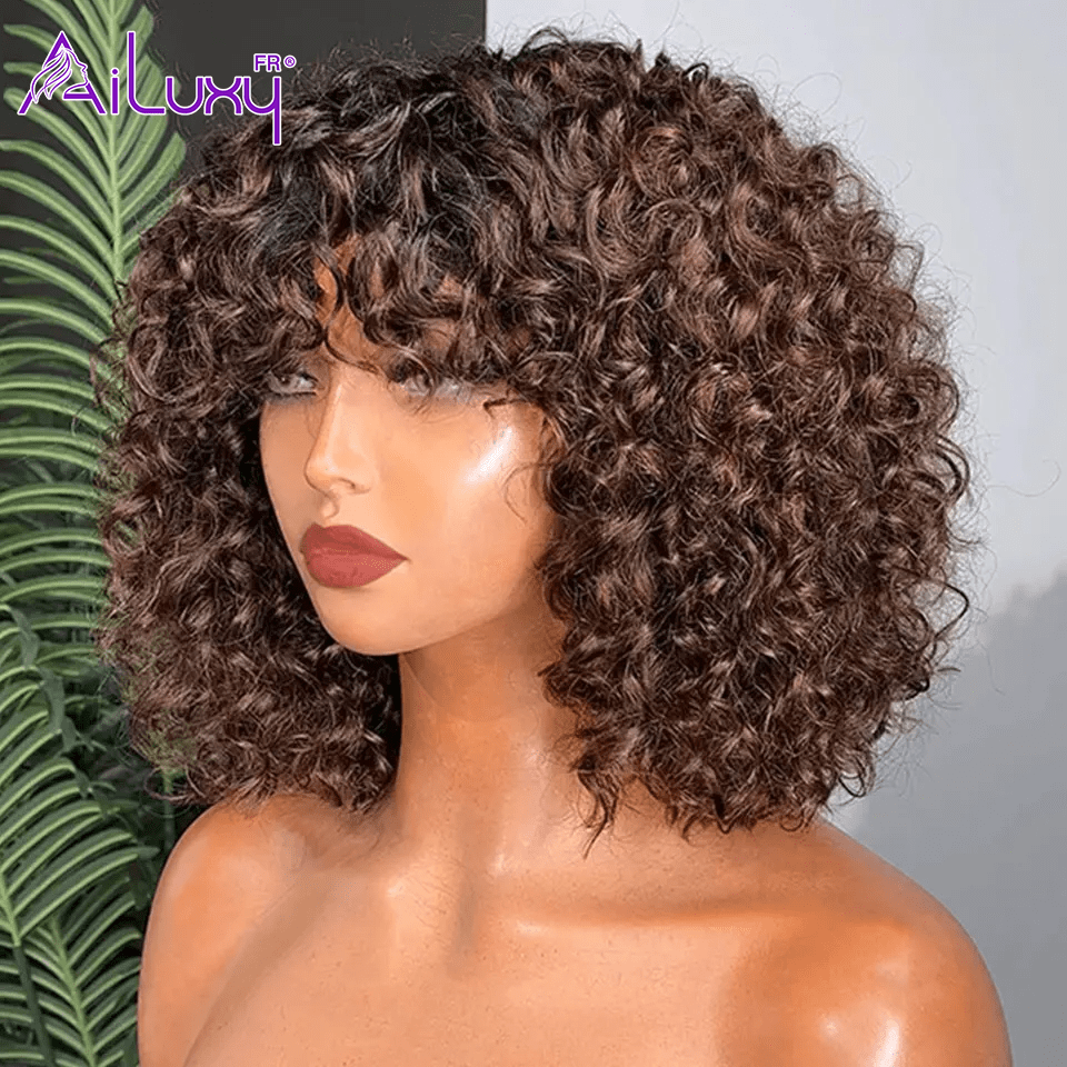 AILUXYhair Curly 1b4 Courte Perruque 100% Cheveux Humains 200% densité 100% cheveux humains