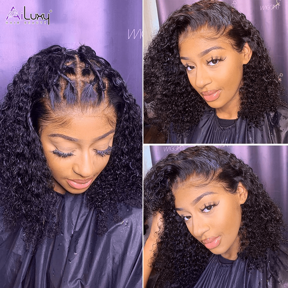AILUXYhair 13x4 Lace Frontal Perruque Bouclée Bob Noir Perruque 200% densité 100% cheveux humains comme sur la vidéo 2 - 3 jours reçus+Un beau cadeau