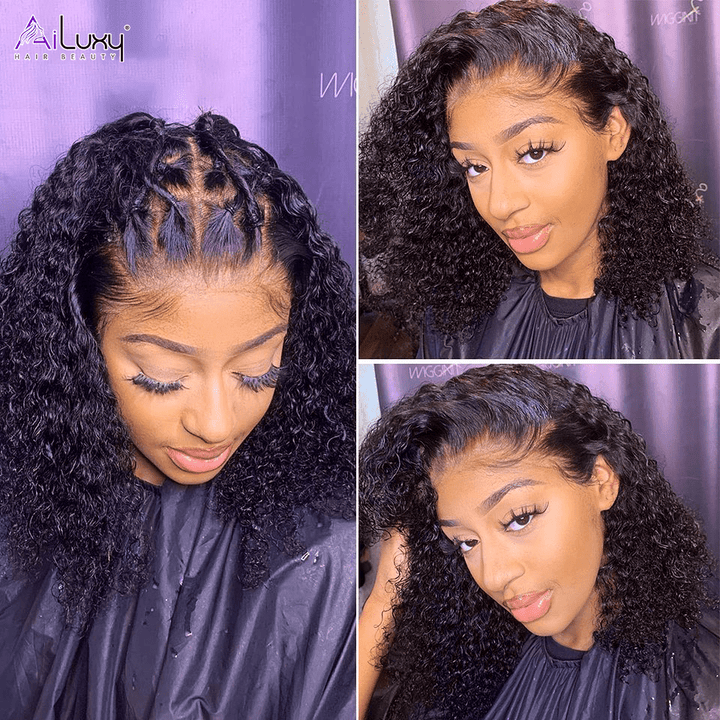 AILUXYhair 13x4 Lace Frontal Perruque Bouclée Bob Noir Perruque 200% densité 100% cheveux humains comme sur la vidéo 2 - 3 jours reçus+Un beau cadeau
