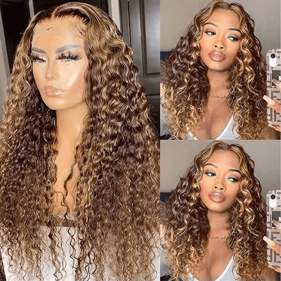 Sans Colle AILUXY 13x4 Lace Frontal Deep Wave Brun Balayage Miel Perruque 100% Cheveux Humains