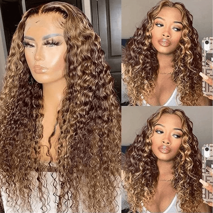 Sans Colle AILUXY 13x4 Lace Frontal Deep Wave Brun Balayage Miel Perruque 100% Cheveux Humains