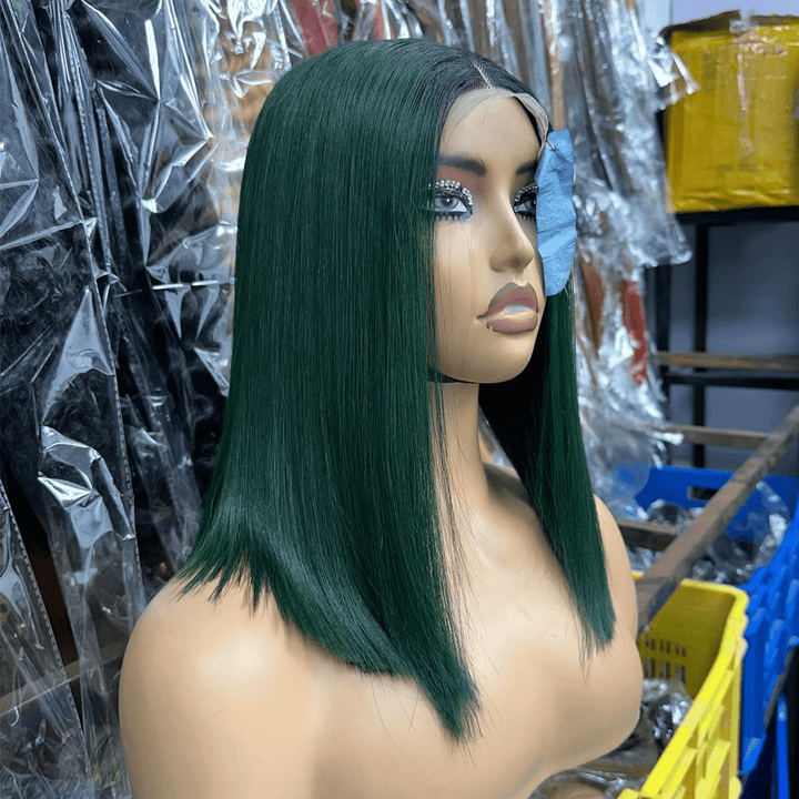 La mode AILUXY 4x4 Lace Frontal Sombre Vert Avec Racine Noire Bob Perruque Lisse Courte Perruque 200% Densité 100% Cheveux Humains