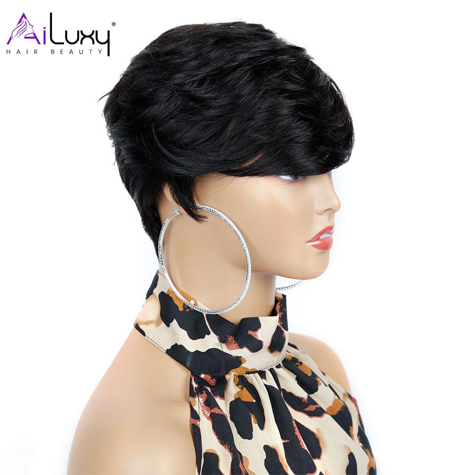 AILUXY Lisse Courte Noir Perruque 100% Cheveux Humains HC-026