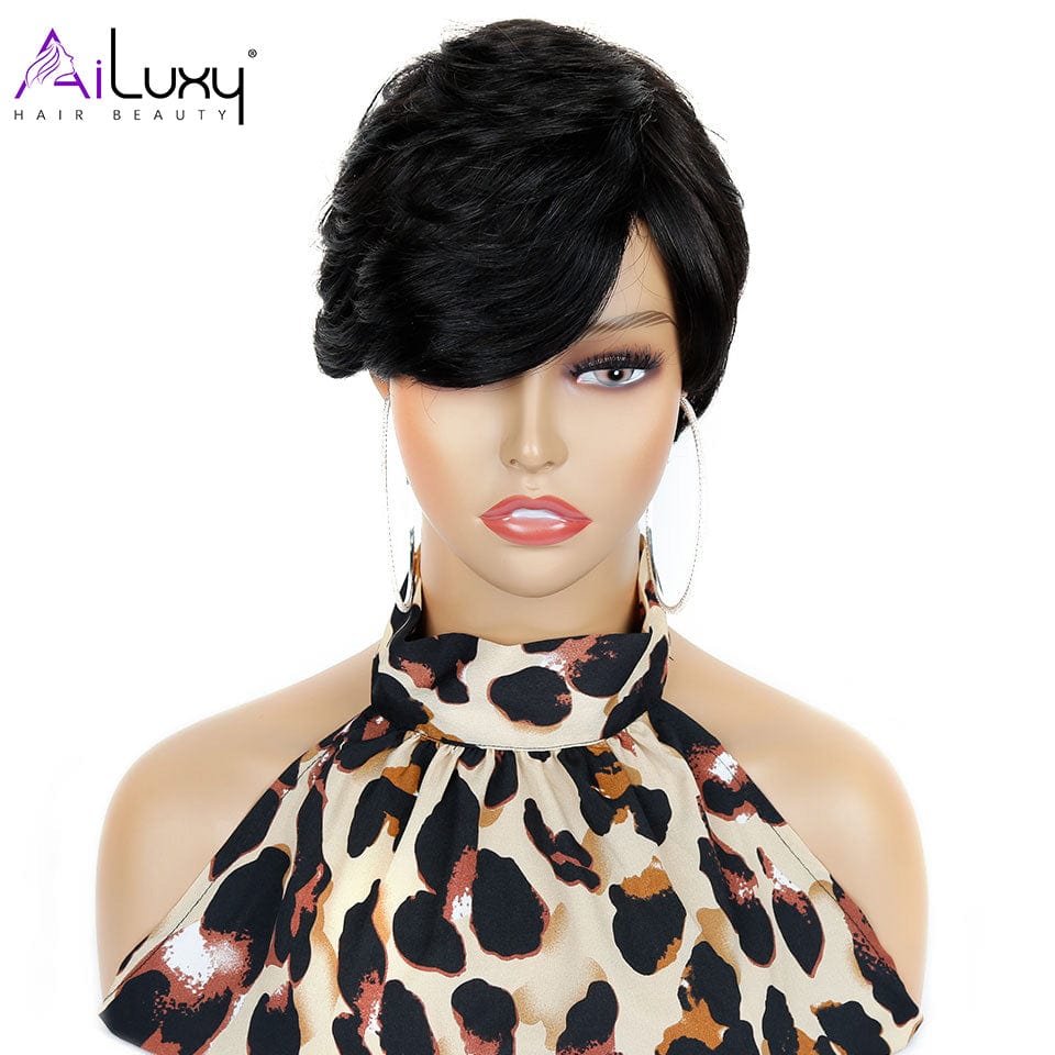 AILUXY Lisse Courte Noir Perruque 100% Cheveux Humains HC-026