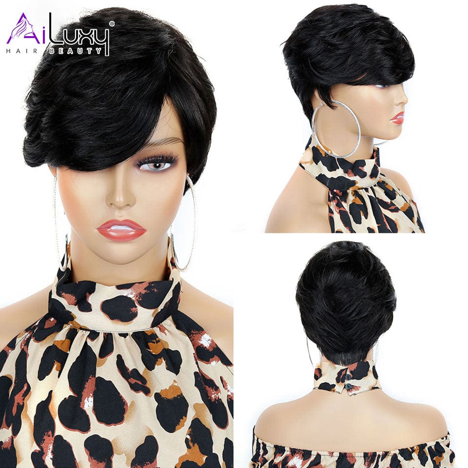 AILUXY Lisse Courte Noir Perruque 100% Cheveux Humains HC-026