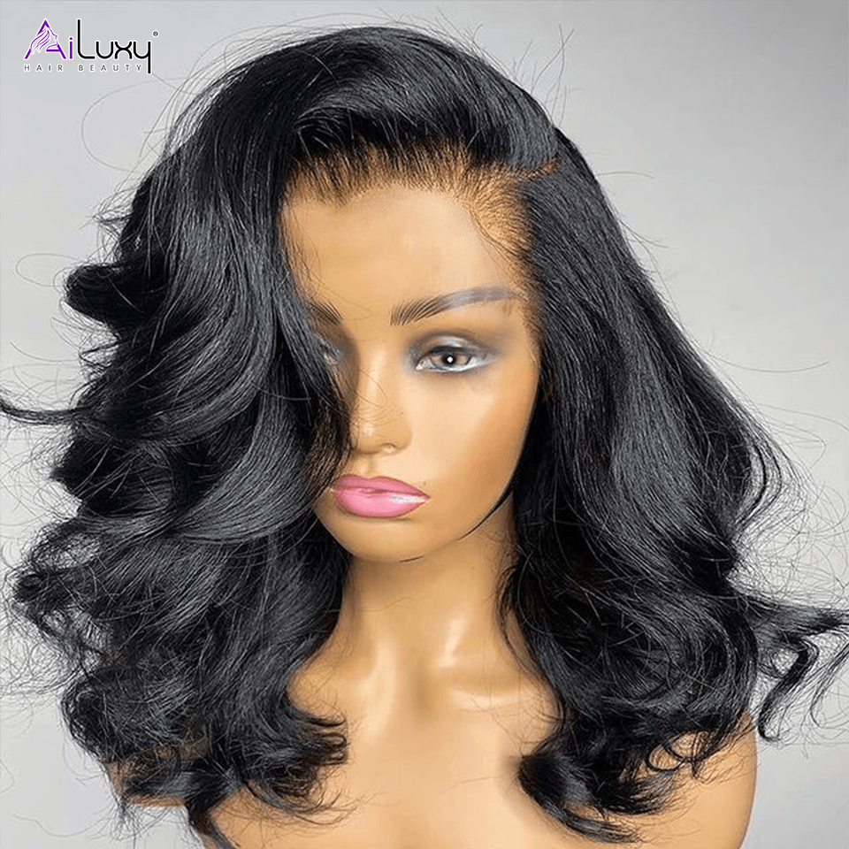 AILUXY Perruque Sans Colle 4x4 Lace Closure Perruque BOB Body Wavy 200% densité 100% Cheveux humains perruque naturelle invisible