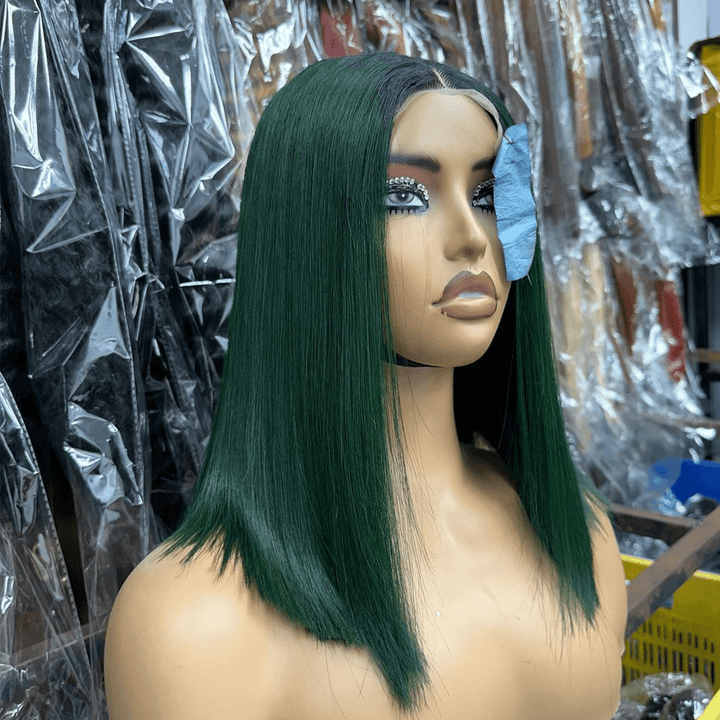 La mode AILUXY 4x4 Lace Frontal Sombre Vert Avec Racine Noire Bob Perruque Lisse Courte Perruque 200% Densité 100% Cheveux Humains
