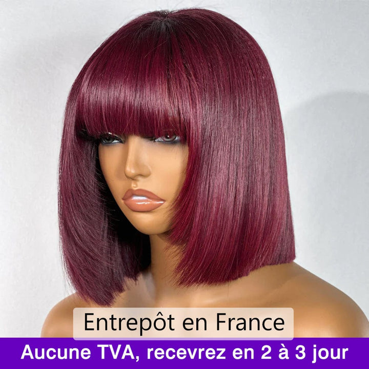 AILUXY 99J Rouge Bourgogne Lisse Bob Perruque Avec Frange 100% Cheveux Humains