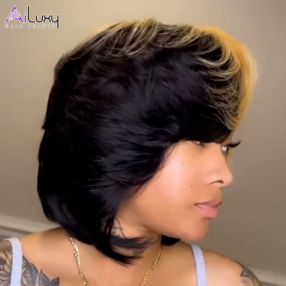 AILUXY Lisse Pixie Cut Perruque 100% Cheveux Humains