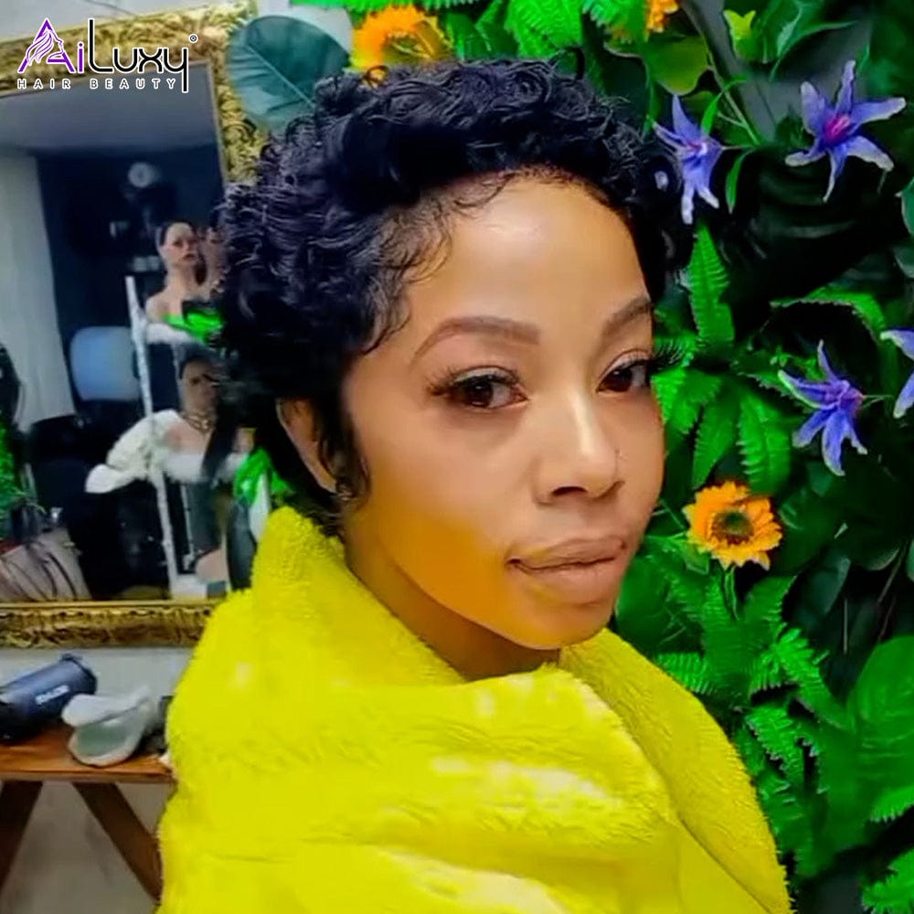 AILUXY nouveau bouclé 13x4 Lace Bob Noir Perruque Perruque 100% Cheveux Humains comme sur la vidéo 4 - 5 jours reçus+Un beau cadeau+100% identique à l'image