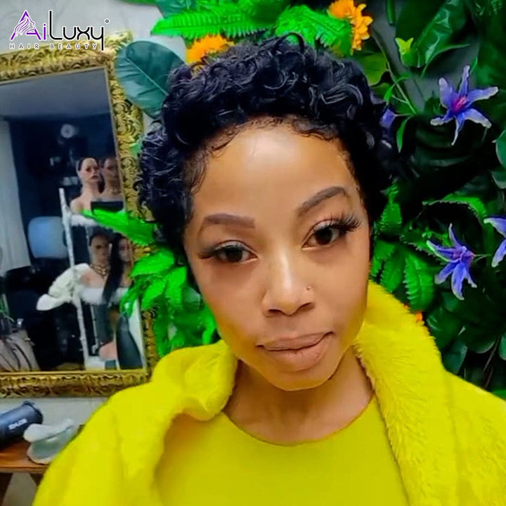 AILUXY nouveau bouclé 13x4 Lace Bob Noir Perruque Perruque 100% Cheveux Humains comme sur la vidéo 4 - 5 jours reçus+Un beau cadeau+100% identique à l'image