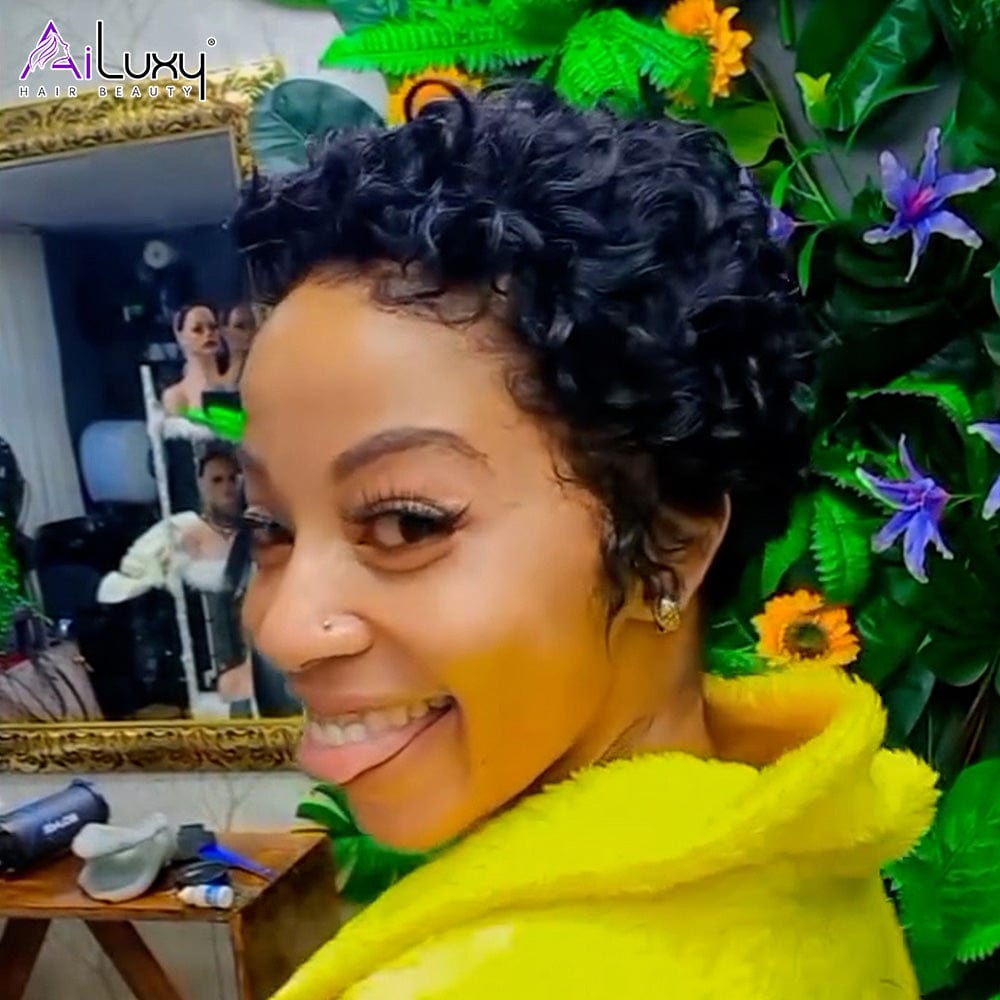 AILUXY nouveau bouclé 13x4 Lace Bob Noir Perruque Perruque 100% Cheveux Humains comme sur la vidéo 4 - 5 jours reçus+Un beau cadeau+100% identique à l'image