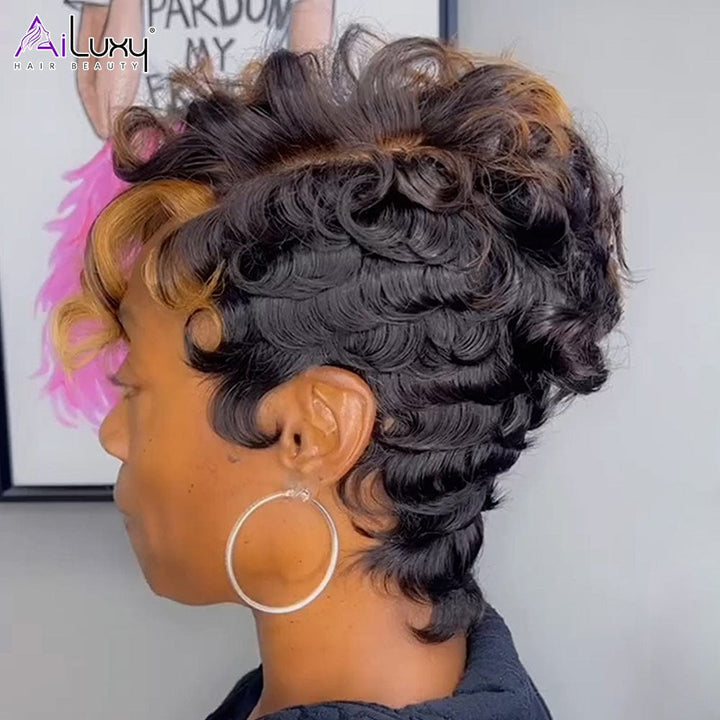 AILUXY Perruque Pixie Lace Wig blonde miel à ondulations sexy