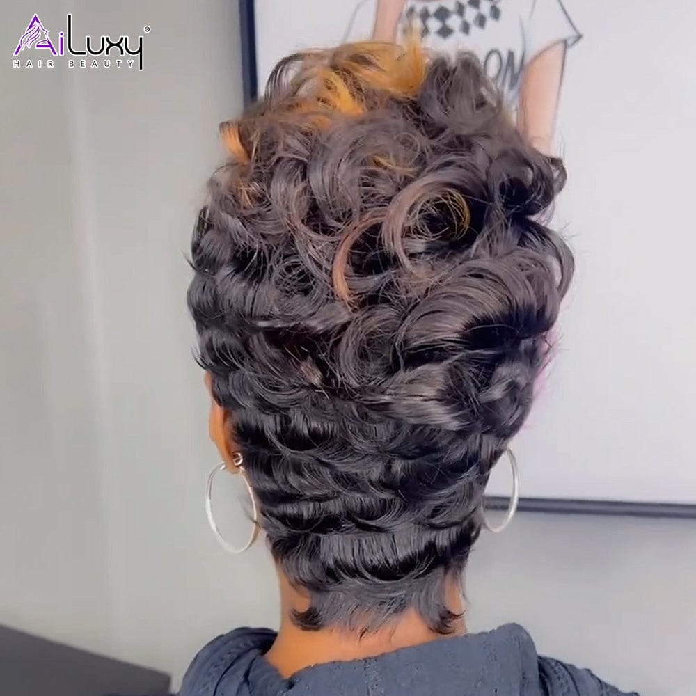 AILUXY Perruque Pixie Lace Wig blonde miel à ondulations sexy