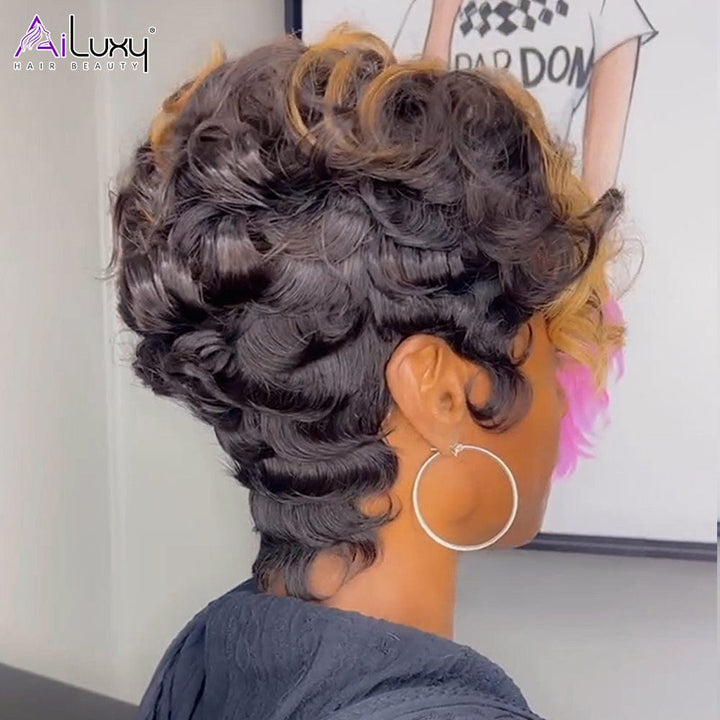 AILUXY Perruque Pixie Lace Wig blonde miel à ondulations sexy