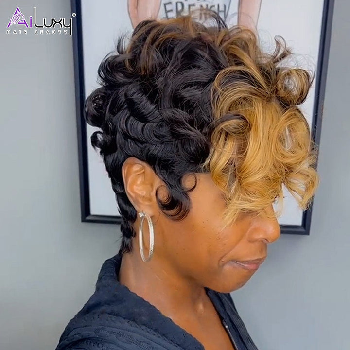AILUXY Perruque Pixie Lace Wig blonde miel à ondulations sexy