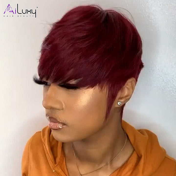 AILUXY Lisse Courte couleur 99J Perruque 100% Cheveux Humains comme sur la vidéo 2 - 3 jours reçus+Un beau cadeau