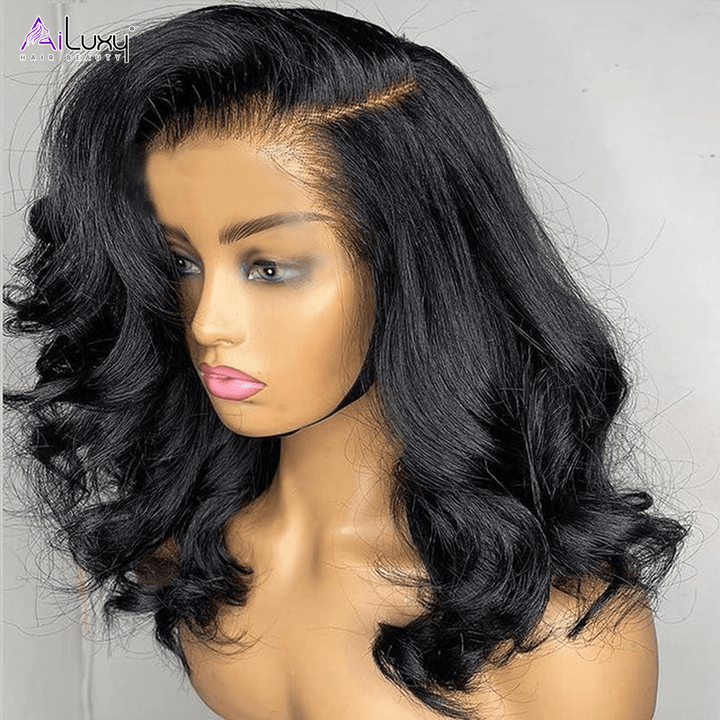AILUXY Perruque Sans Colle 4x4 Lace Closure Perruque BOB Body Wavy 200% densité 100% Cheveux humains perruque naturelle invisible