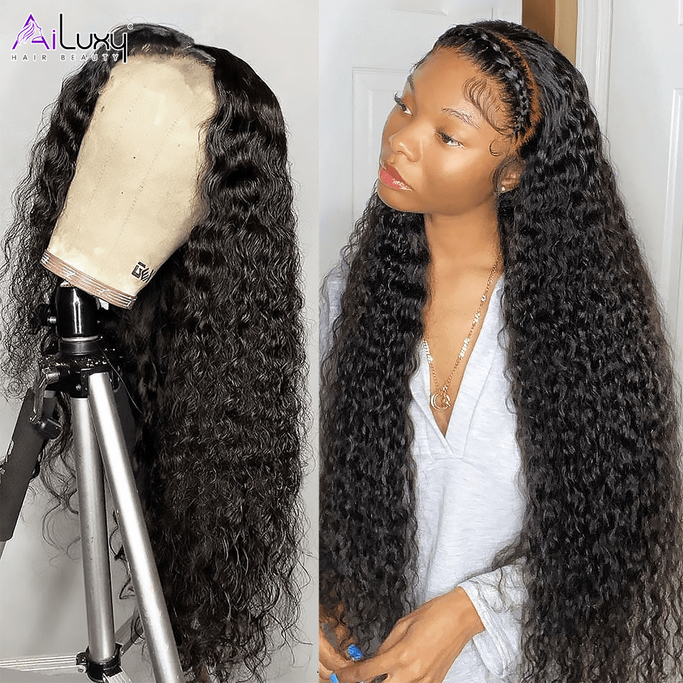 AILUXY Perruque Sans Colle 13x6 Lace Frontal Perruque Curly  200% densité Vrais Cheveux Humains