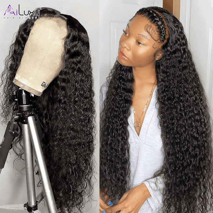AILUXY Perruque Sans Colle 13x6 Lace Frontal Perruque Curly  200% densité Vrais Cheveux Humains