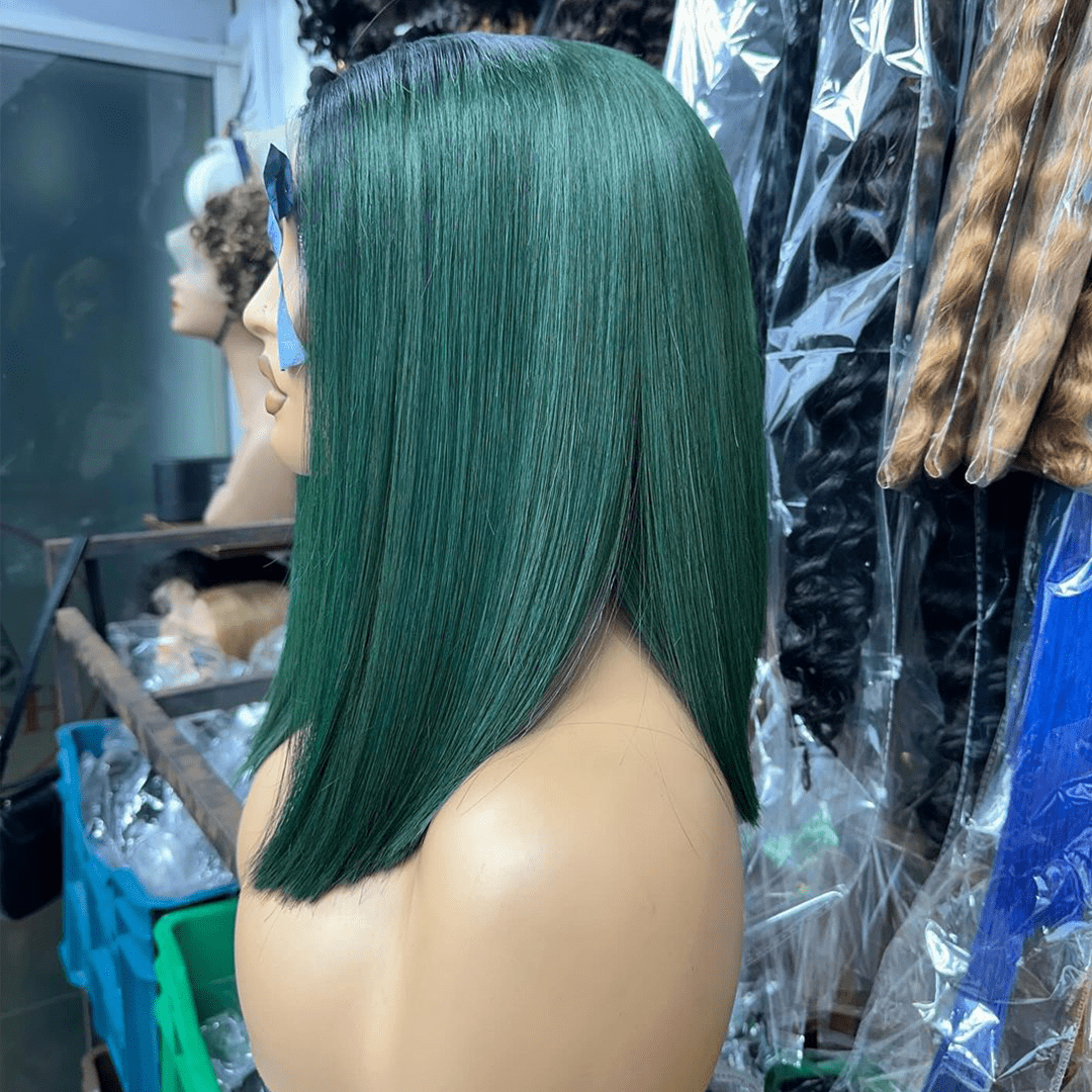 La mode AILUXY 4x4 Lace Frontal Sombre Vert Avec Racine Noire Bob Perruque Lisse Courte Perruque 200% Densité 100% Cheveux Humains
