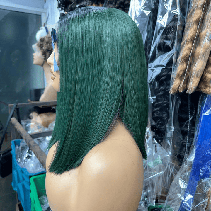 La mode AILUXY 4x4 Lace Frontal Sombre Vert Avec Racine Noire Bob Perruque Lisse Courte Perruque 200% Densité 100% Cheveux Humains