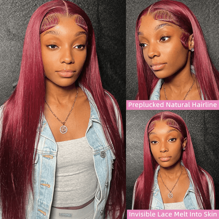 AILUXY 13x4 Lace Frontal 99J Bourgogne Perruque 18 pouces 200% densité
