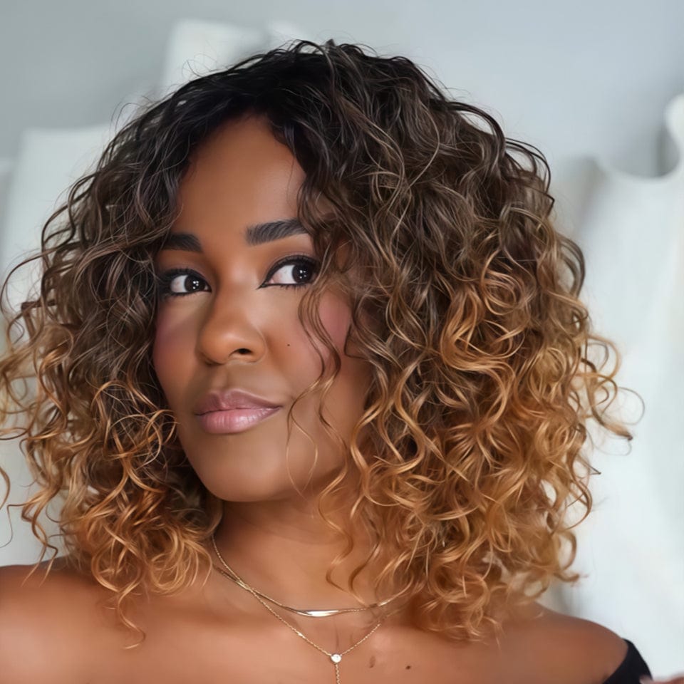 Ailuxy Glueless Couleur Blond Foncé Doré Ombré Perruque Sans Colle Bouclé Bob 2.0