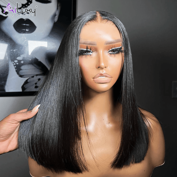 AILUXY Perruque Sans Colle 13x4 Lace Closure Perruque BOB Perruque Lisse 200% densité 100% Cheveux humains comme sur la vidéo 2 - 3 jours reçus+Un beau cadeau