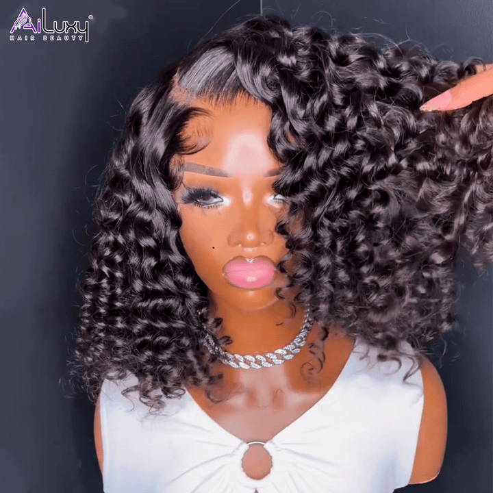 AILUXY 13x4 Lace Frontal Perruque Rose Wavy Courte Bob Perruque 200% Densité  100% Cheveux Humains comme sur la vidéo 2 - 3 jours reçus+Un beau cadeau
