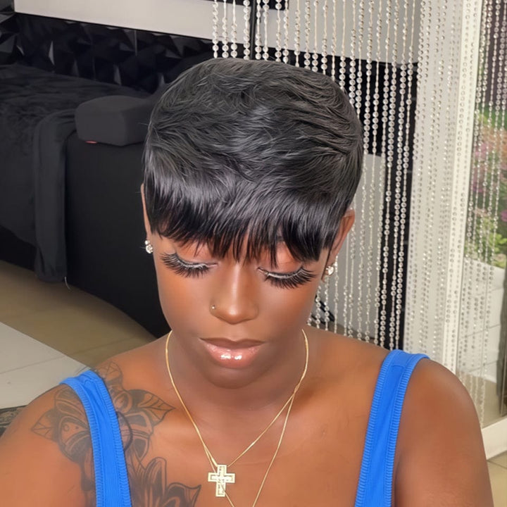 AILUXY Perruque courte Noir fabriquée à la machine 2.0