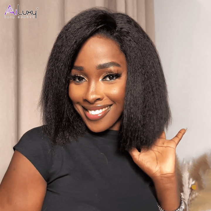 AILUXY 13x4 Lace Frontal Kinky Lisse Noir Bob Perruque 200% Densité 2.0