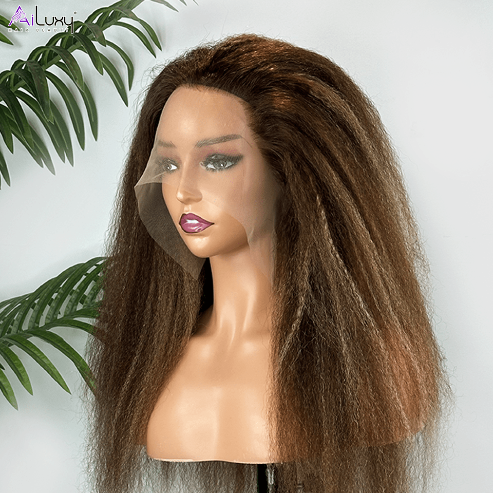 AILUXY 13x4 Lace Frontal Perruque Kinky Lisse Longue #4/27 200% Densité 100% Cheveux Humains