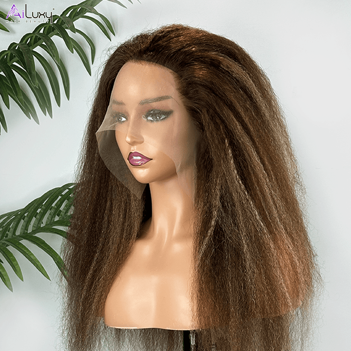 AILUXY 13x4 Lace Frontal Perruque Kinky Lisse Longue #4/27 200% Densité 100% Cheveux Humains