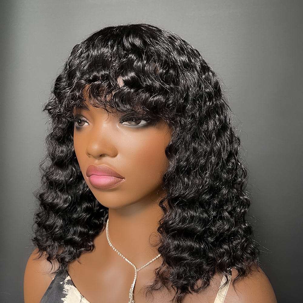 AILUXY Deep Wavy Noir Bob Perruque Avec Frange Fabriquée à la Machine 100% Cheveux Humains  comme sur la vidéo 2 - 3 jours reçus+Un beau cadeau