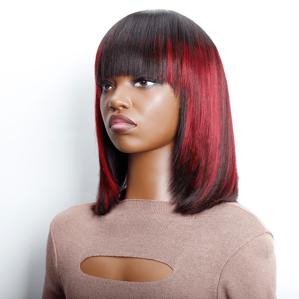 (Dernier Prix) AILUXY  Lisse Bob Perruque Avec Frange 100% Cheveux Humains