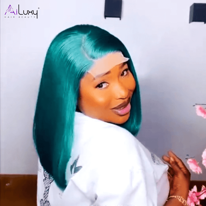 La mode AILUXY 4x4 Lace Frontal Sombre Vert Avec Racine Noire Bob Perruque Lisse Courte Perruque 200% Densité 100% Cheveux Humains