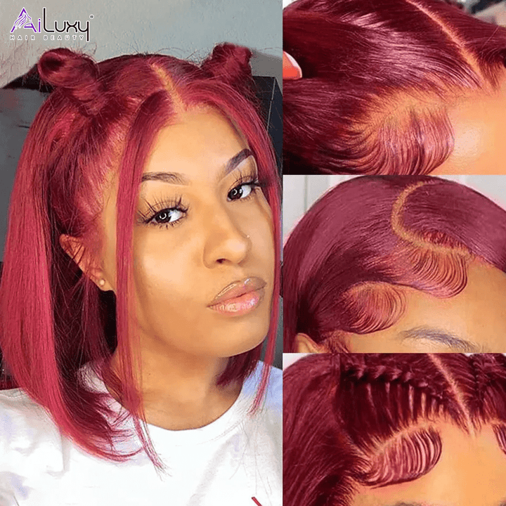 AILUXY 4x4/13x4 Lace Frontal Lisse 99J Bourgogne Bob Perruque 100% Cheveux Humains