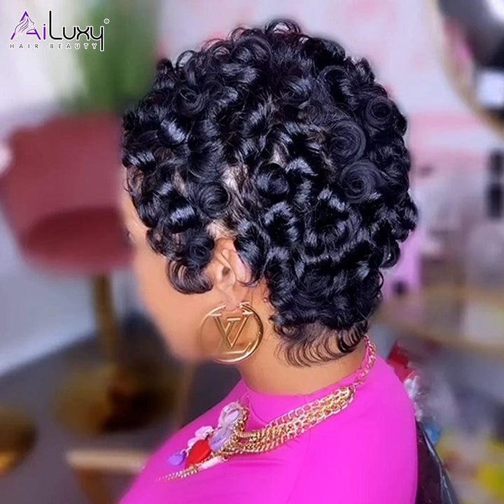 AILUXY Perruque Pixie en Dentelle avec Finition Ondulée en Soie 2.0