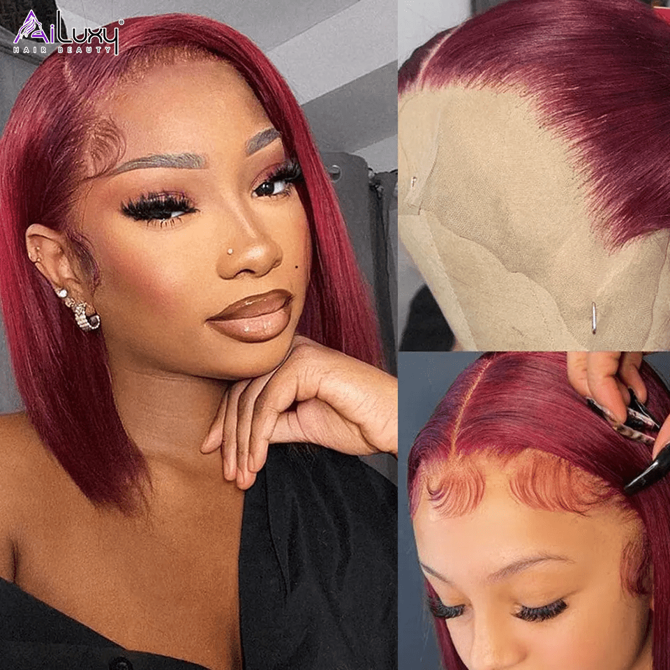 AILUXY 4x4/13x4 Lace Frontal Lisse 99J Bourgogne Bob Perruque 100% Cheveux Humains
