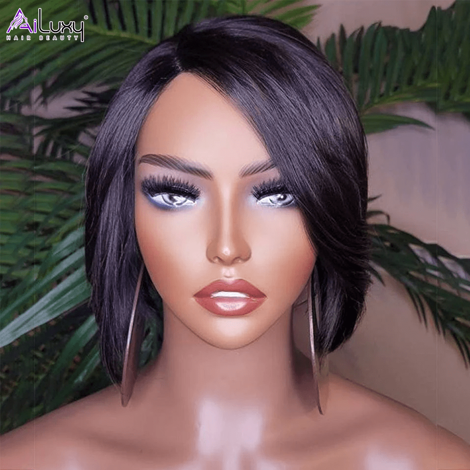 AILUXY 4x4 Lace Perruque Lisse Bob Perruque Courte Noire 200% densité 100% cheveux humains