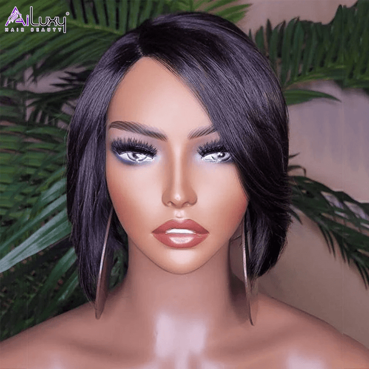 AILUXY 4x4 Lace Perruque Lisse Bob Perruque Courte Noire 200% densité 100% cheveux humains