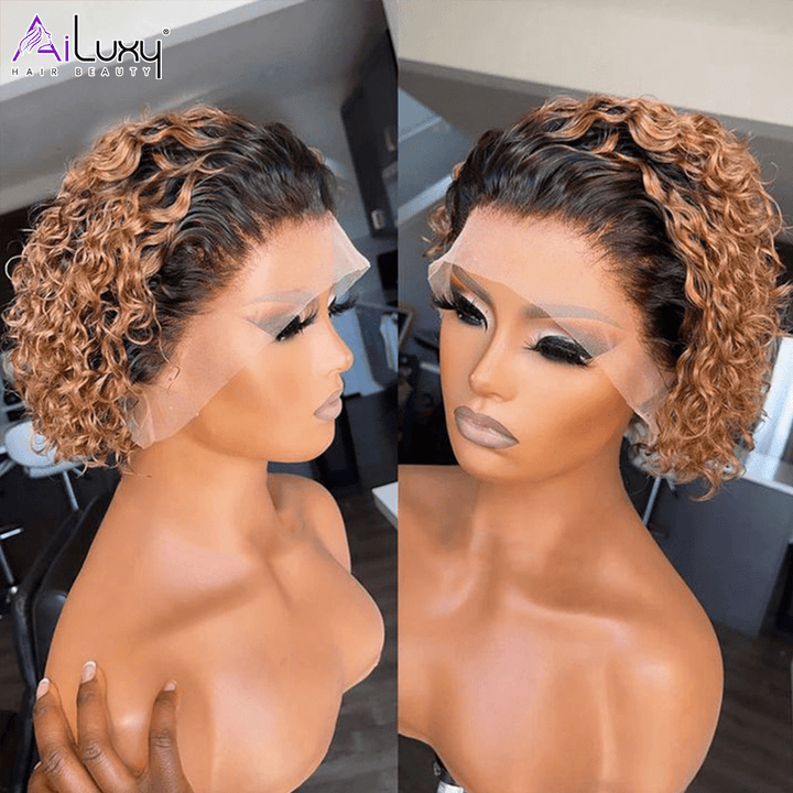 AILUXY T Part Lace Bouclé Noir Châtain 1B/27 Courte Perruque 100% Cheveux Humains