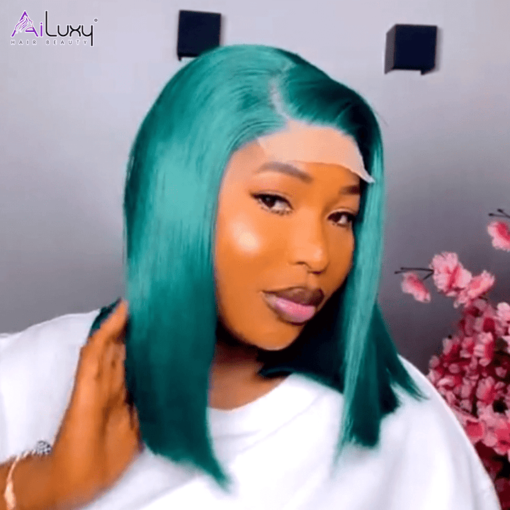 La mode AILUXY 4x4 Lace Frontal Sombre Vert Avec Racine Noire Bob Perruque Lisse Courte Perruque 200% Densité 100% Cheveux Humains
