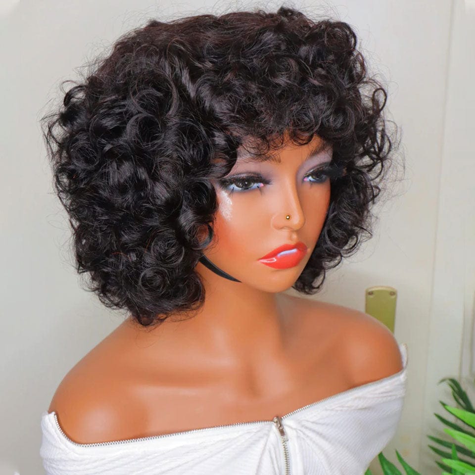 AILUXY Perruque Frange Noire Egg Wave | 100% Cheveux Humains, Coupe Courte Élégante