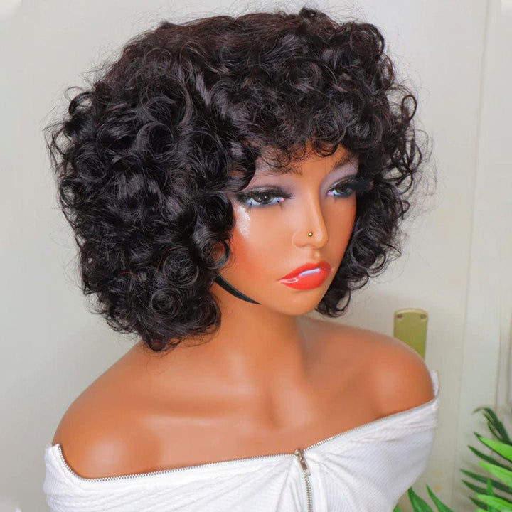 AILUXY Perruque Frange Noire Egg Wave | 100% Cheveux Humains, Coupe Courte Élégante